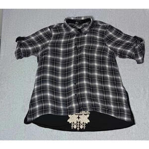 Andre By Unit Embroidered Velvet Back Button Up Blouse Womens Size 2X Gray Black